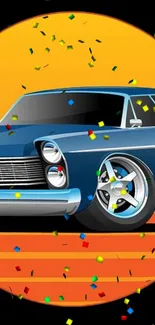 Illustrated blue classic car with confetti on orange background.