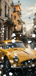 Classic yellow car parked in a charming city street with artistic white dots.