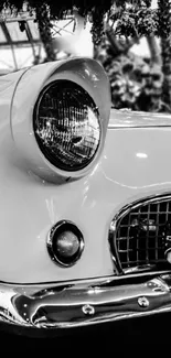 Black and white close-up of a classic car's headlight and grille.