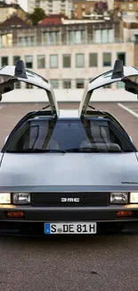 Iconic Delorean car with gullwing doors open, set in an urban environment.