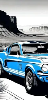 Blue classic car on desert backdrop in artistic style.