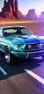 Classic blue car driving on a desert road with stunning rocky landscape.