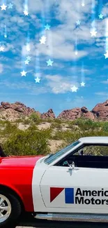 Classic American Motors car in desert under bright blue sky.