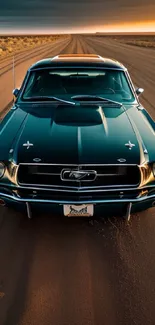 Classic vintage car on a desert road at sunset, perfect for mobile wallpaper.