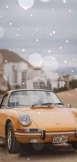 Vintage car in desert with bokeh lights.