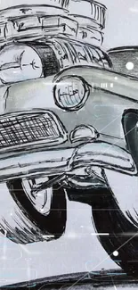 Illustration of a classic car in gray tones, showcasing retro style.