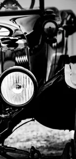 Black and white vintage car close-up, elegant and timeless.