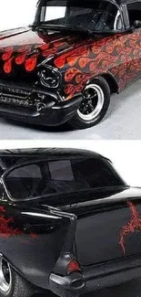 Classic car with fiery red flames design on a sleek black body.