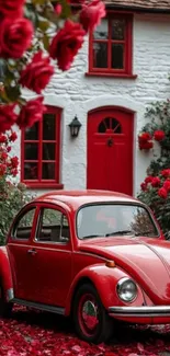 Vintage red car parked by a rose-covered cottage.