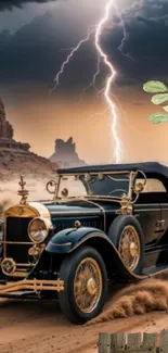 Classic car in desert storm with lightning and vintage style.