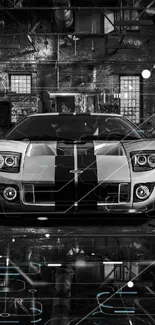 Classic car in abandoned warehouse, black and white.
