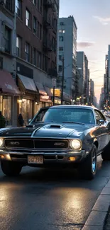 Vintage car driving down an urban street at dusk.