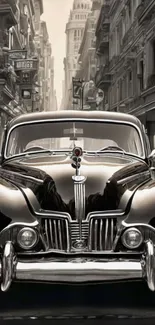 Vintage black car on a city street with classic architecture.