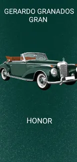 Vintage convertible car on green background, text included.