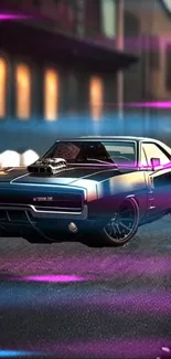 Vintage muscle car with neon lights wallpaper.