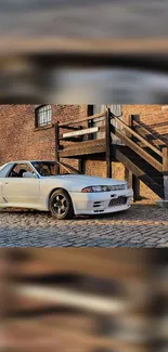 Vintage car parked on cobblestone with brick background.