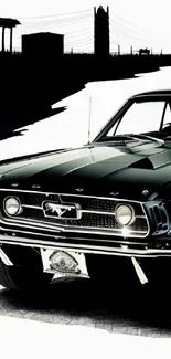 Vintage black Ford Mustang on a road with city silhouettes in background.