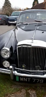 High-shine black classic car front view in a picturesque setting.