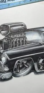 Black and white classic car sketch with engine detail.