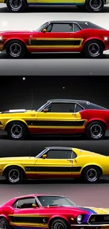 Vintage muscle cars wallpaper with bold colors in a lineup showcase.