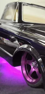 Classic car with neon purple glow, sleek design.