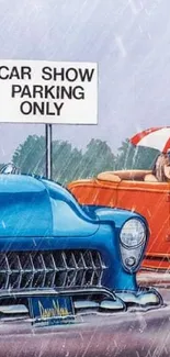 Classic cars in a rainy art-style car show scene, with vibrant colors.