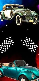 Classic cars on a vibrant neon background with checkered flags.