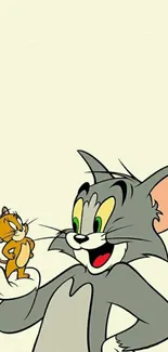 Classic cartoon cat holding a mouse illustration on beige background.