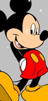 Classic cartoon character on gray background with red shorts and yellow shoes.