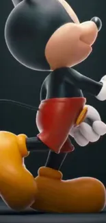 Side view of a classic cartoon character with black ears and red shorts.