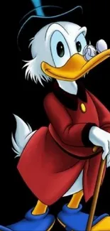 Cartoon duck in a red coat with a classic, whimsical design for mobile wallpaper.