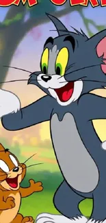 Tom and Jerry cartoon characters in a colorful wallpaper.