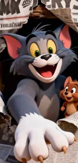 Tom and Jerry bursting through newspaper cartoon wallpaper.