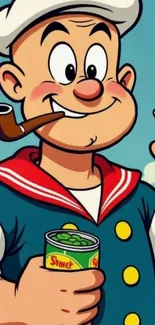 Cartoon sailor with pipe and canned greens in classic style.