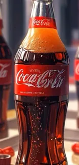 Classic Coca-Cola bottle with reflections and vibrant colors