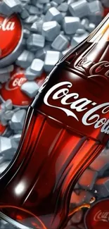 Classic Coke bottle against silver caps background.