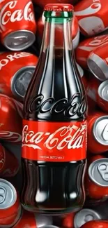 A classic Coca-Cola bottle surrounded by cans of soda.