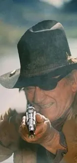 Vintage cowboy aiming gun in classic Western style.