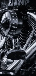 Monochrome image of a classic Harley Davidson motorcycle showcasing chrome details.