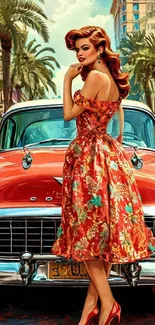 Retro themed wallpaper with red car and woman.