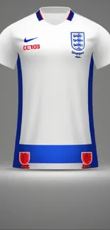 White football jersey with blue accents on a grey background.