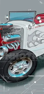 Illustration of a classic hot rod with vibrant details on gray background.