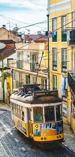 Lisbon's iconic yellow tram on a vibrant city street.