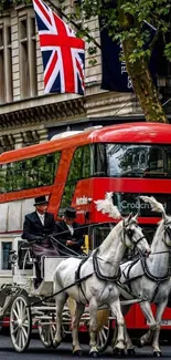 Horse carriage and red London bus on a busy street.