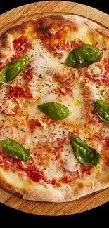 Top view of a Margherita pizza with basil on a wooden board.