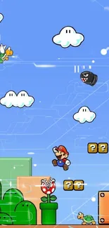 Mario jumping in a colorful game scene with clouds and blocks.