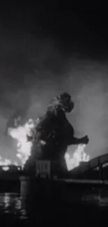Monochrome wallpaper of a classic monster with fire and smoke in the scene.
