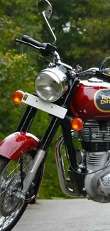 Classic Royal Enfield motorcycle on a scenic road.