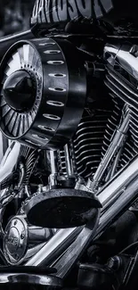 Close-up of classic motorcycle engine in black and white.