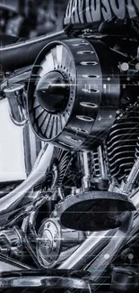 Black and white image of a classic motorcycle engine close-up.